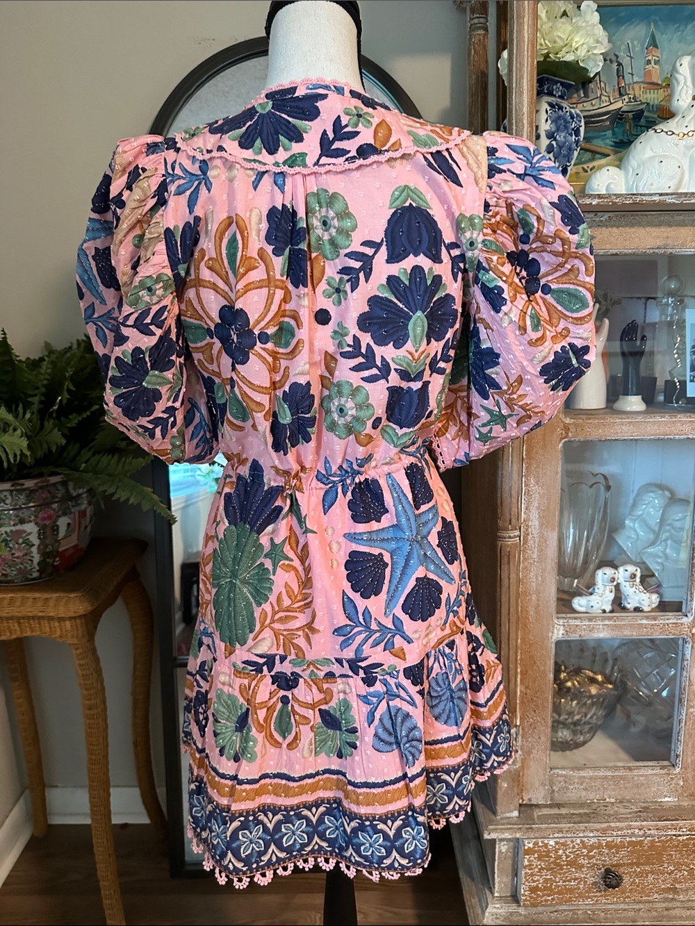 FARM Rio Pink Floral Puff-Sleeve Mini Dress with Blue & Green Print - Picture 7 of 8